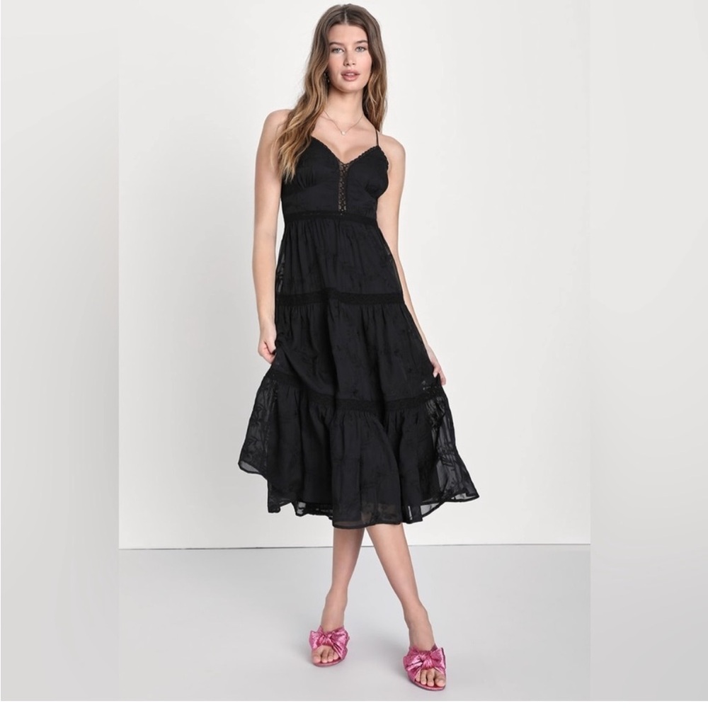 NWT Lulus Forever Your Darling Black Embroidered Lace Backless Midi Dress